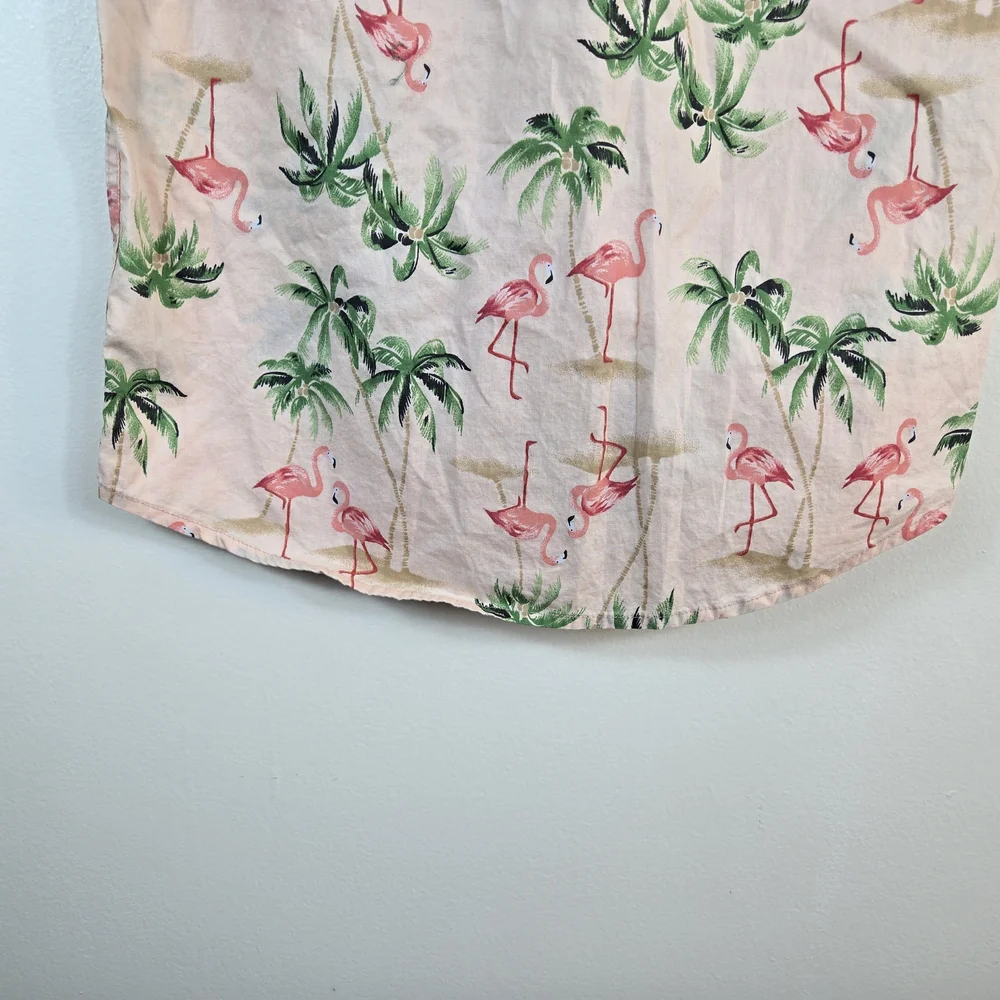 Old Navy Boys Pink Flamingo Palm Tree Short Sleeve Poplin Button Shirt‎ Large